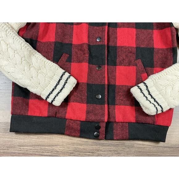 NWT Forever 21 Women Bomber Jacket Plaid Red Black Knit Sweater Sleeve Preppy L - Picture 5 of 8
